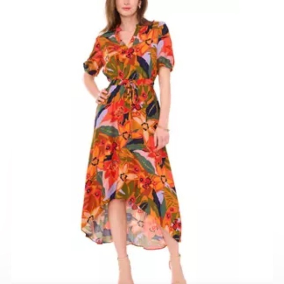 MSK Dresses & Skirts - MSK Split-Neck Puff-Sleeve High-Low Dress women’s Sz L Floral Boho NWT
